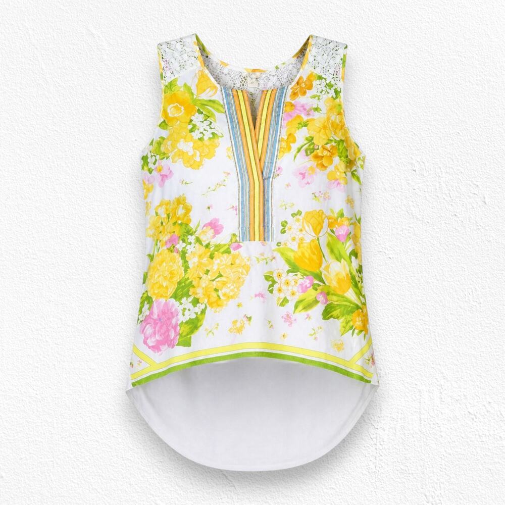 Tiny Anthropologie Yellow Floral Silk Lace Back Tank Top Boho Blouse Size Small